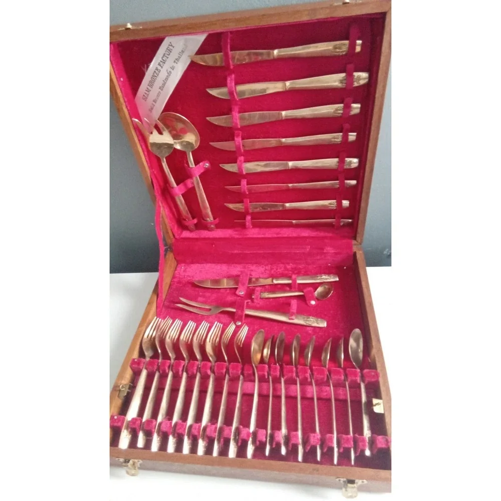 Siam Bronze Flatware Set Gold Bronze Cutlery Service for 6‎ in Wood Case
